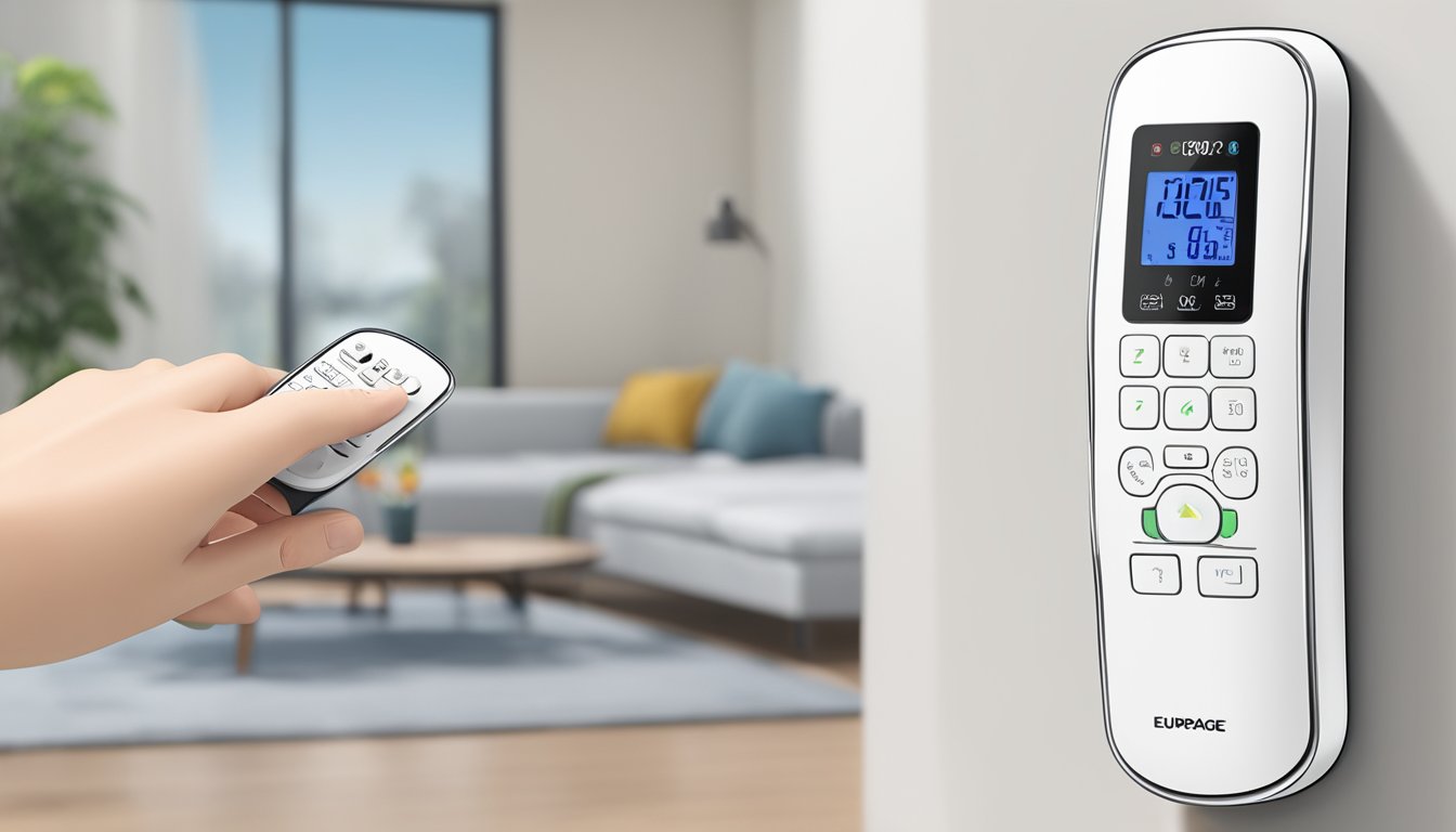 The Europace aircon remote is held in a hand, pointing towards the air conditioner. The display screen shows the temperature and mode settings