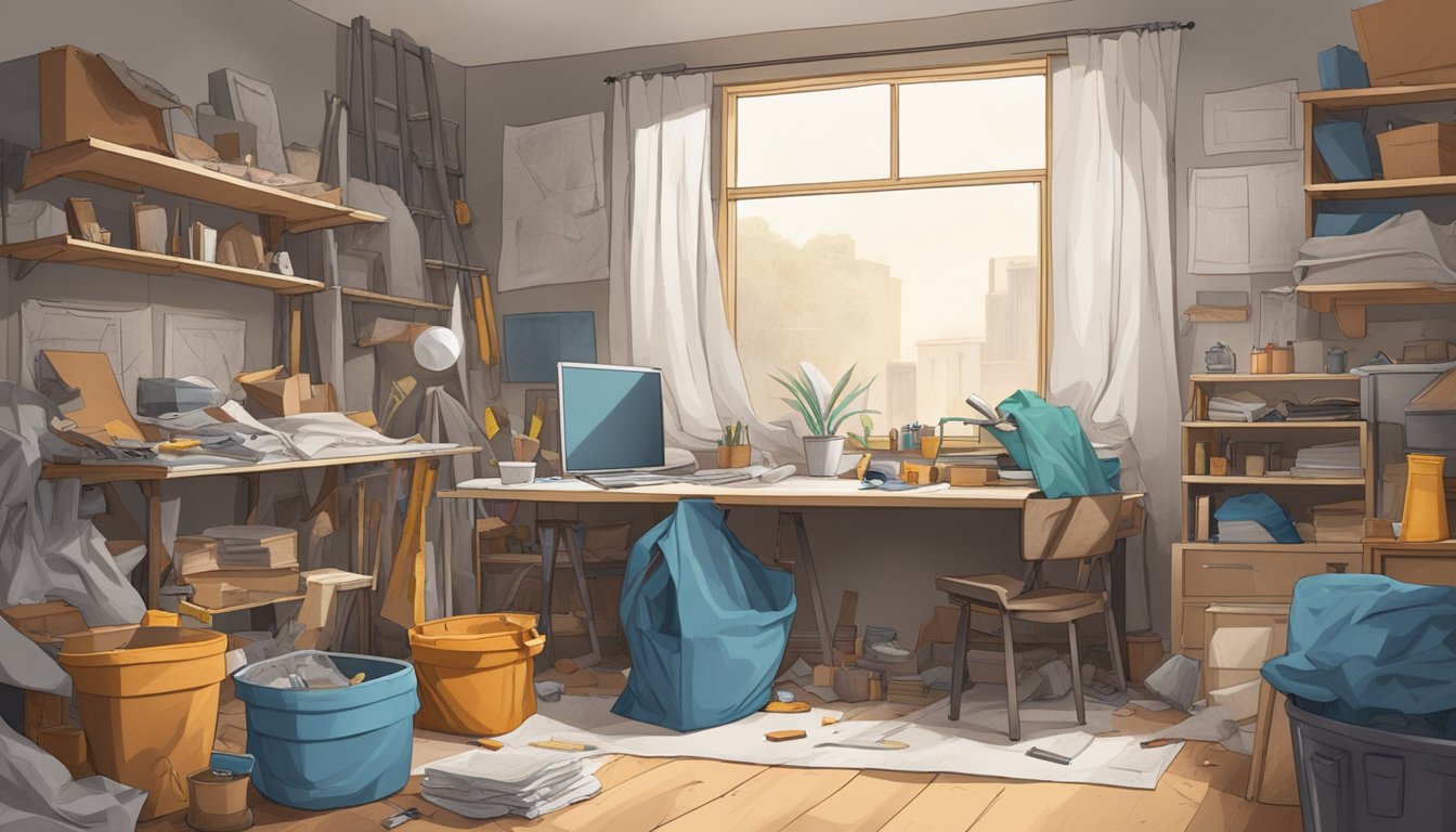 A small, cluttered room with tools and construction materials scattered about. Furniture is covered in dust sheets, and a tarp serves as a makeshift wall