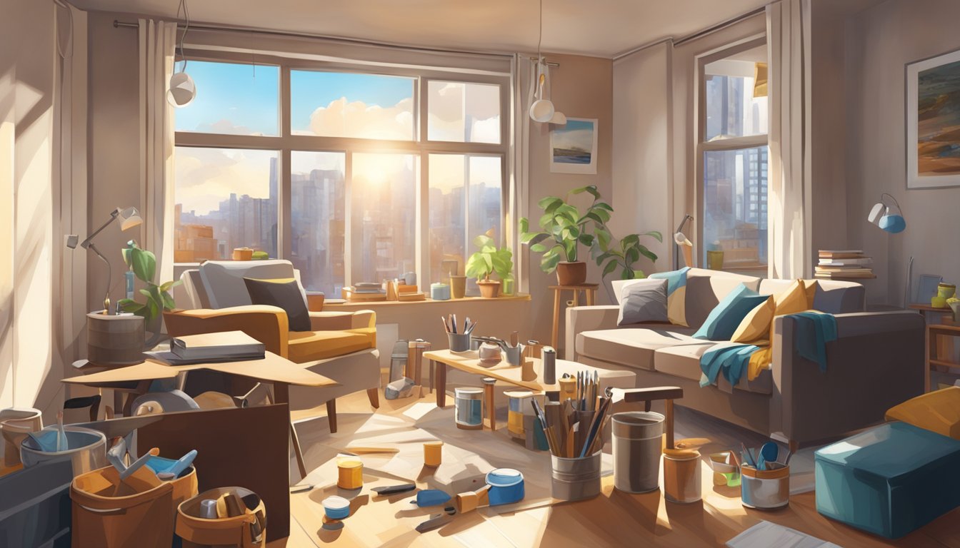 A cozy, furnished apartment with scattered paint cans and tools, sunlight streaming through open windows, and a view of the construction site