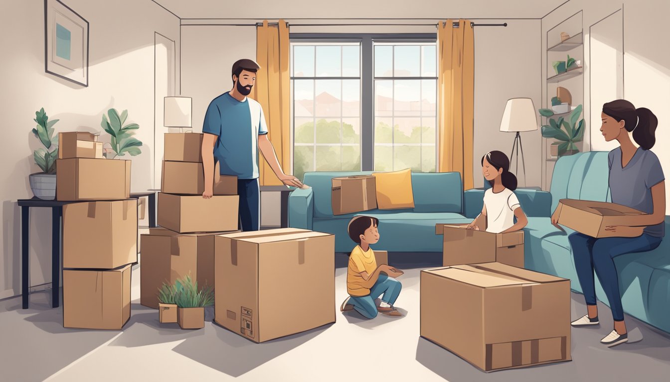 A family of four unpacks belongings in a spacious, furnished temporary housing unit. Boxes are stacked against the wall, while the parents chat with a property manager