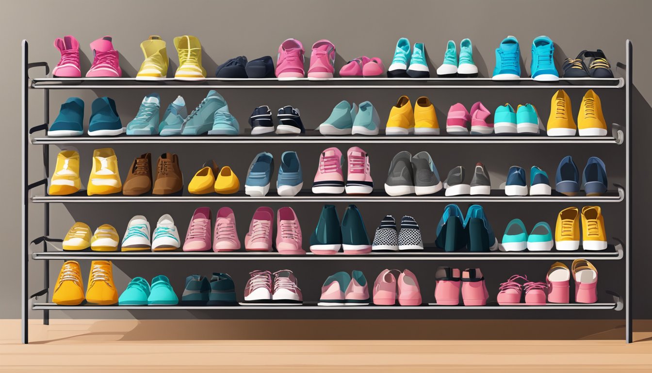A shoe rack displayed with various pairs of shoes for sale online
