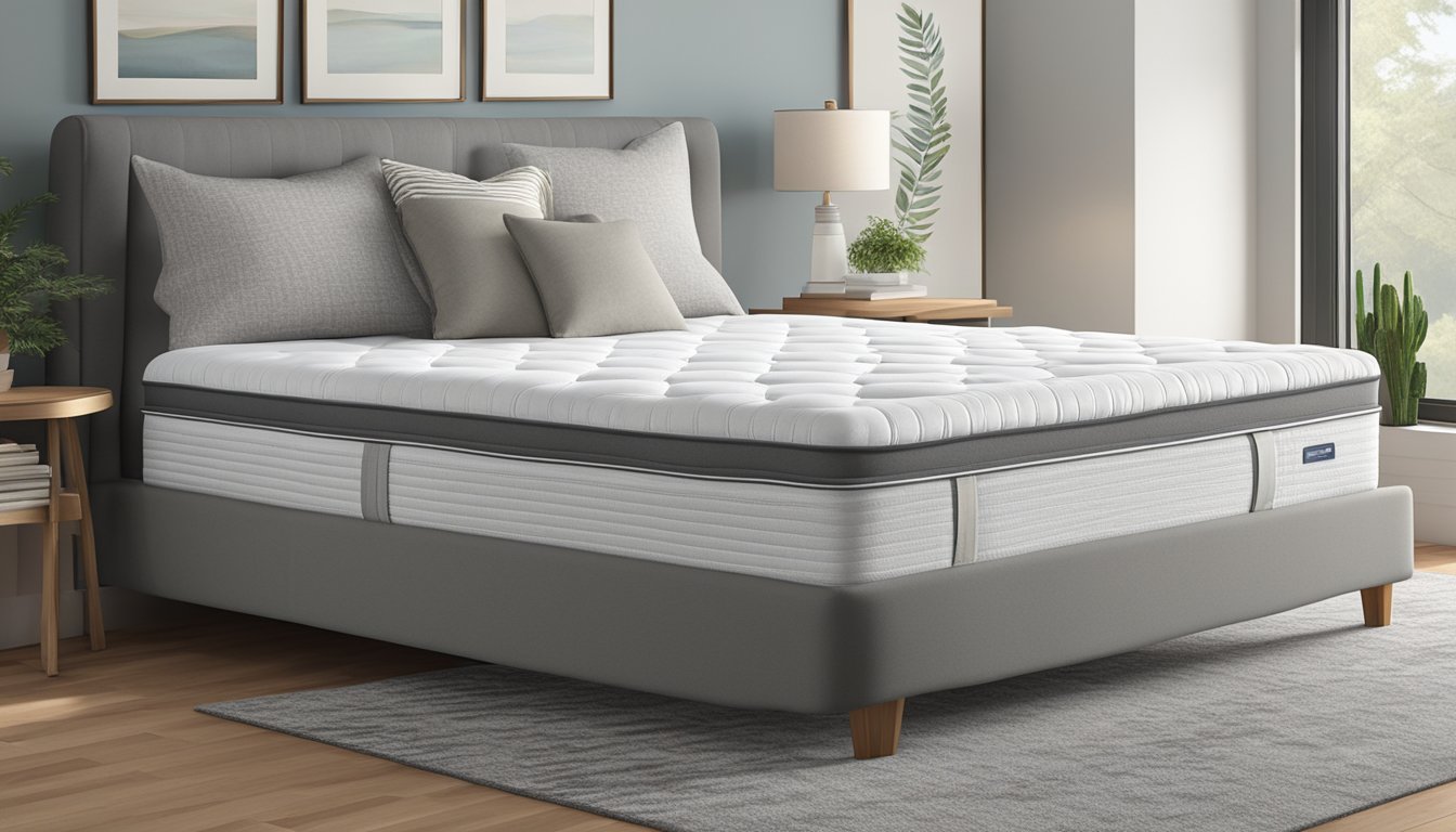 A thick mattress, plump and inviting, sits atop a sturdy bed frame. Its soft surface creates a gentle curve, promising comfort and support