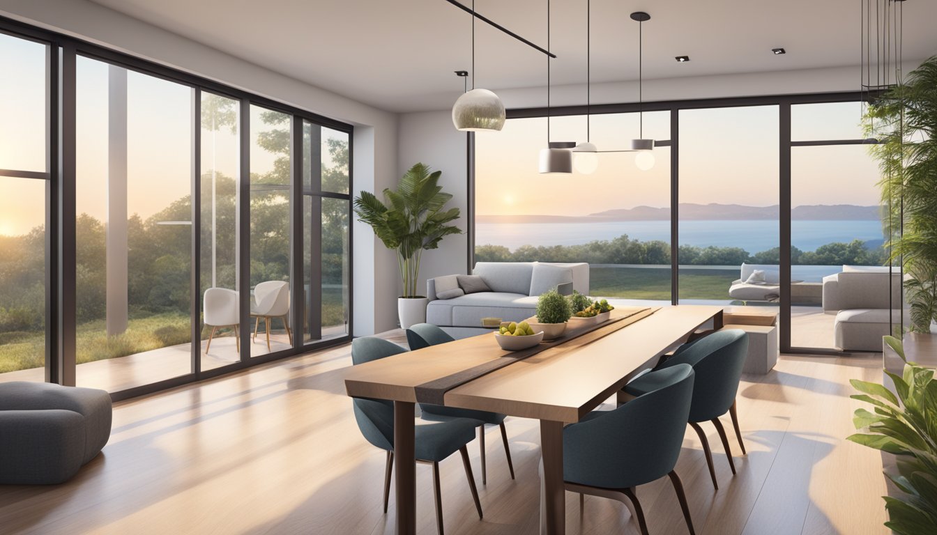 A modern living room with a sleek dining table, minimalist decor, and large windows allowing natural light to fill the space
