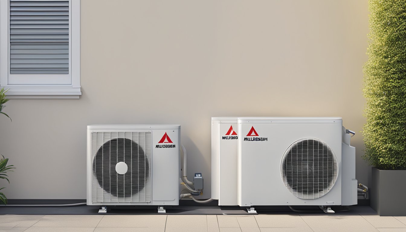 A Mitsubishi System 2 air conditioning unit mounted on a wall, with two indoor units connected to an outdoor compressor