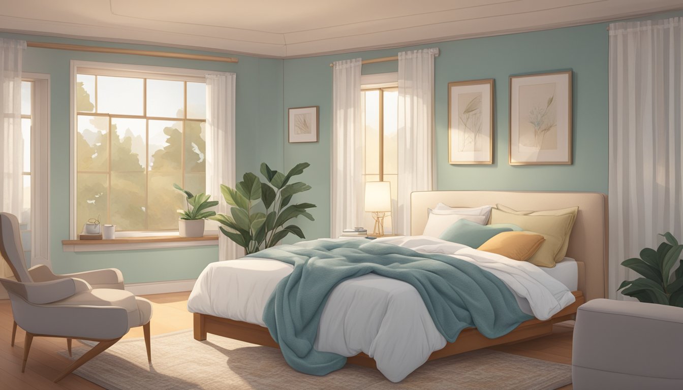 A person sleeping peacefully with a supportive pillow under their neck, surrounded by a serene and comfortable bedroom setting