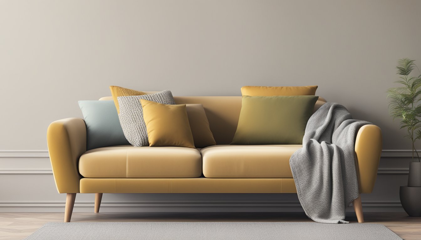 A small 2 seater sofa sits against a plain wall, with a soft throw blanket draped over one armrest and a couple of decorative throw pillows scattered across its cushions