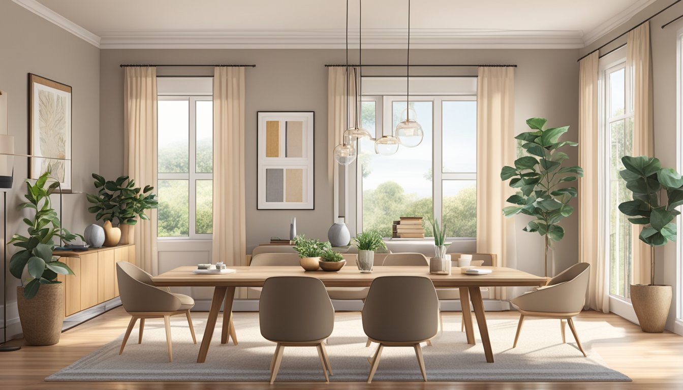 A spacious living room with a sleek dining table, open layout, and ample natural light. Warm, neutral tones create a cozy, inviting atmosphere