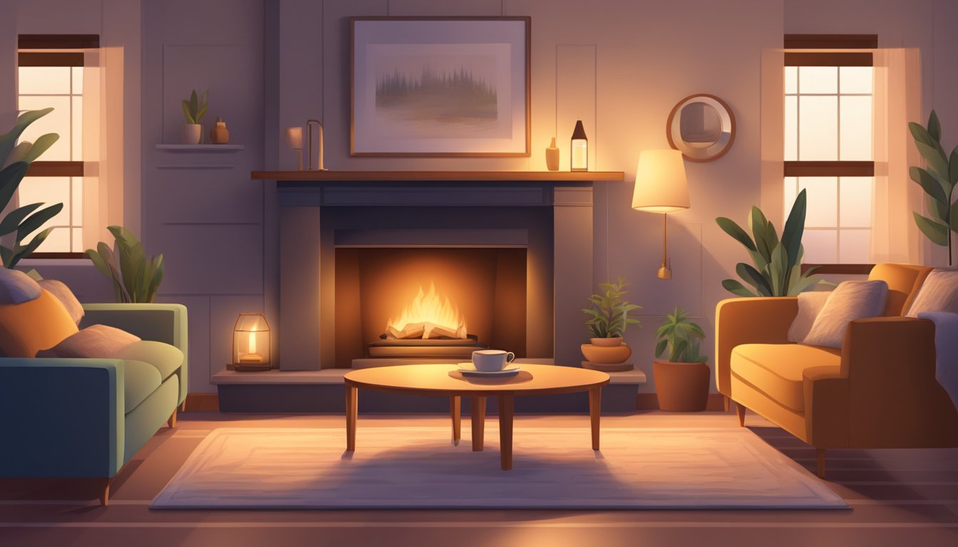 A cozy living room with a small 2 seater sofa positioned in front of a fireplace, surrounded by soft, warm lighting and a plush rug