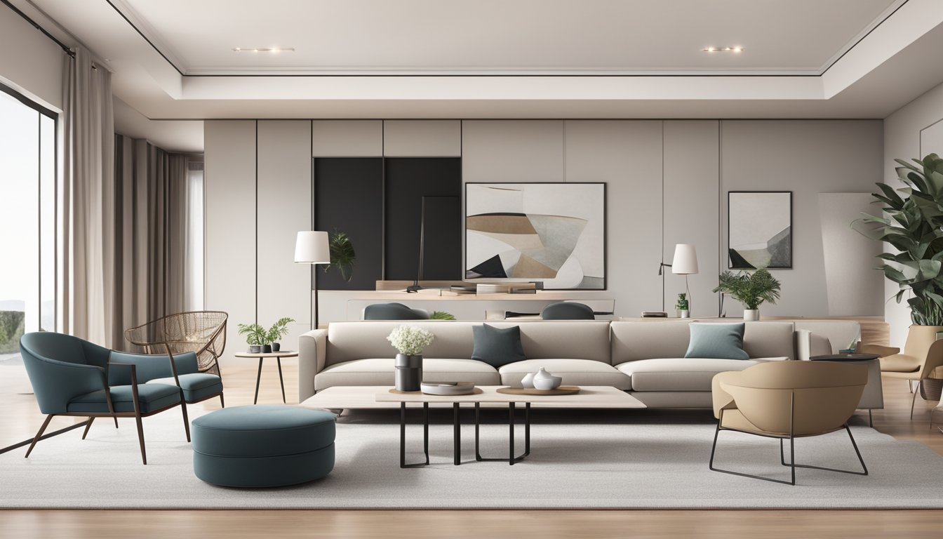 A modern living room with a sleek dining table, minimalist design elements, and a neutral color palette