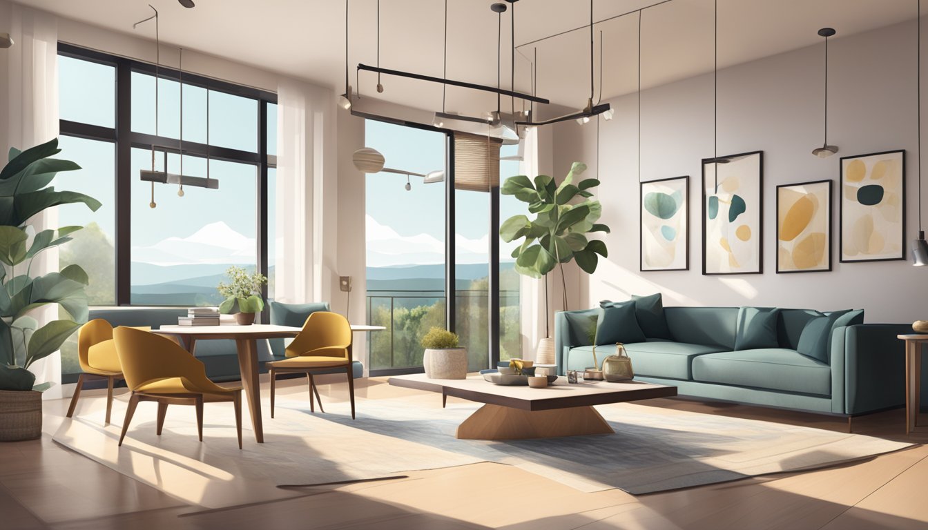 A modern living room with a sleek dining table, cozy seating, and stylish decor. Bright natural light filters in through large windows, creating a warm and inviting atmosphere