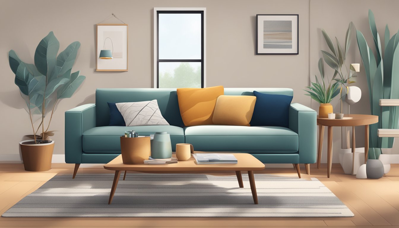 A small 2 seater sofa sits in a cozy living room, surrounded by essential items like a coffee table, rug, and throw pillows