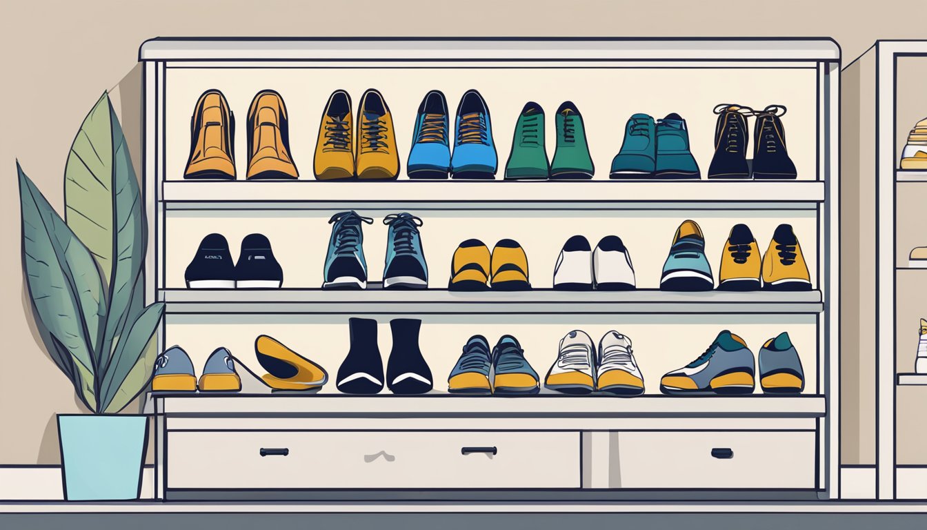 A shoe rack with various compartments, neatly organized with different types of shoes. A laptop or mobile phone displaying the "Frequently Asked Questions" page for the shoe rack sale