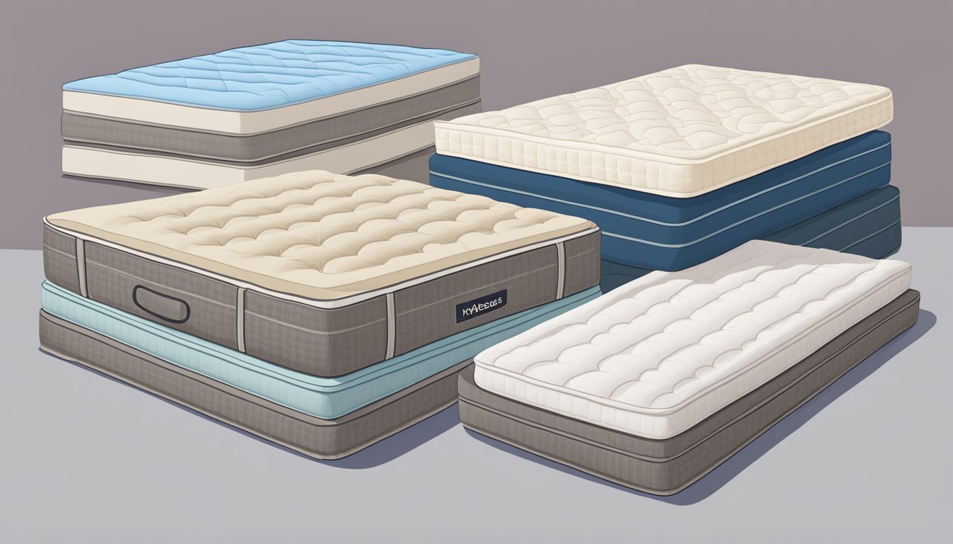 A stack of mattresses in varying thicknesses, with a sign reading "Frequently Asked Questions: mattress thickness" nearby