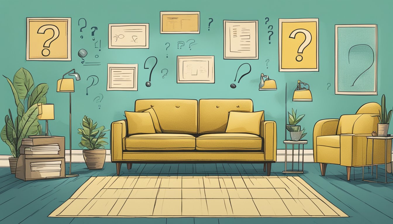 A small 2-seater sofa surrounded by various question marks and a sign that reads "Frequently Asked Questions."