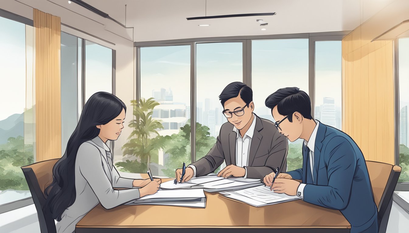 A couple sits at a table, signing documents with a bank representative. A large sign reads "DBS New Home Loan for Private Property Review Singapore" in the background
