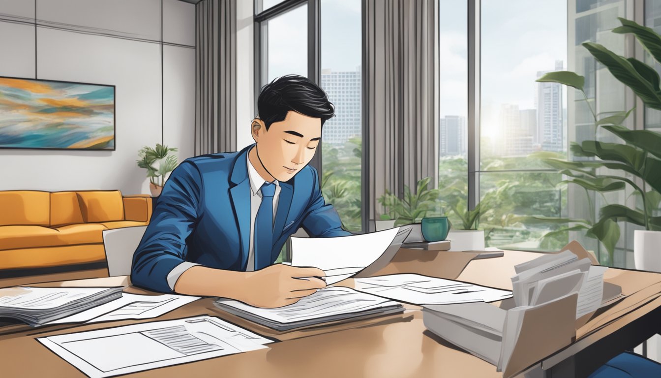 A couple signs mortgage papers in a modern executive condominium in Singapore. The DBS logo is visible on the paperwork