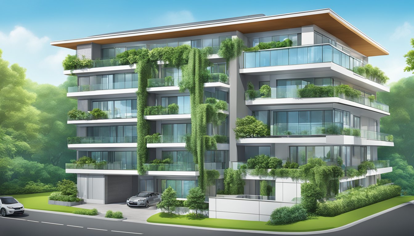 A modern executive condominium building with a DBS bank sign, surrounded by lush greenery and a clear blue sky