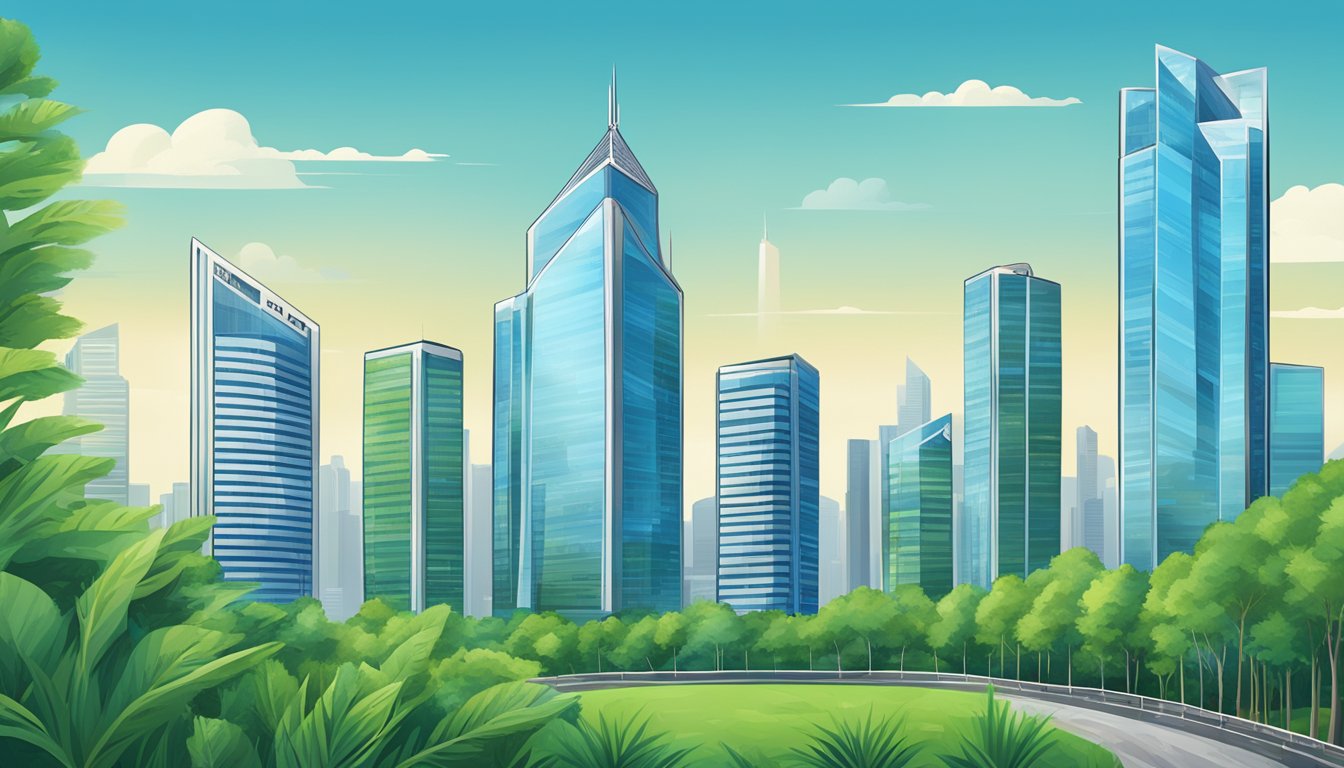 A modern city skyline with high-rise buildings and a prominent bank logo, symbolizing DBS. Clear blue sky and greenery in the background
