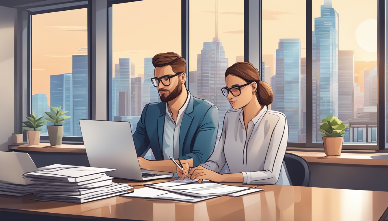 A couple sits at a table, reviewing paperwork for a new home loan. A laptop and calculator are on the table, with a stack of documents and a pen. The room is bright and modern, with large windows and a view of the city skyline
