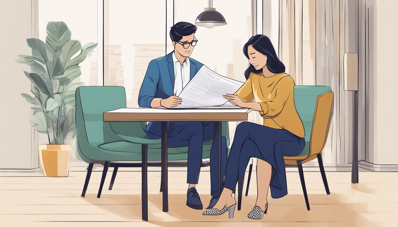 A couple sits at a table, reviewing documents for a new home loan. A bank representative explains financial considerations for buying an executive condominium in Singapore