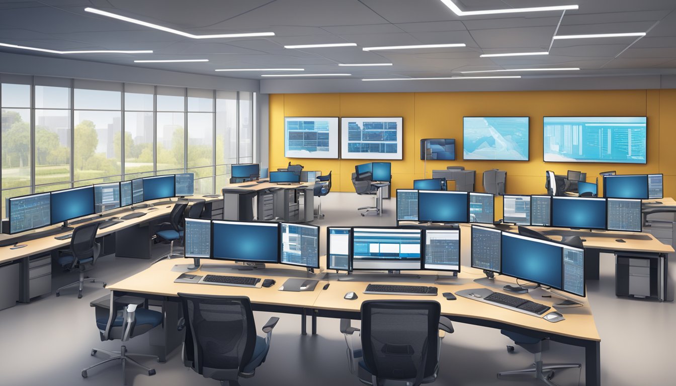 A control room with ergonomic technical furniture, multiple monitors, adjustable desks, and integrated cable management for a clean and efficient workspace