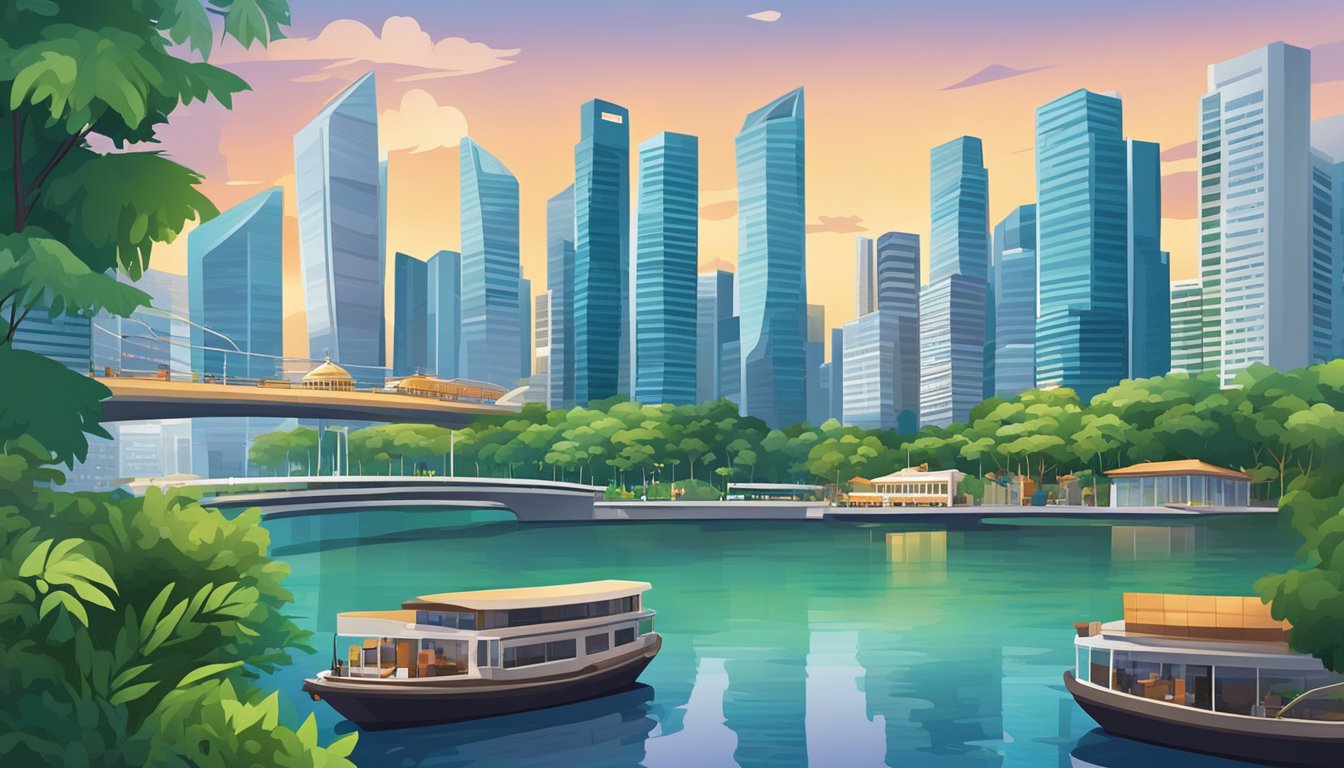 A bustling cityscape with iconic landmarks and high-rise buildings, surrounded by lush greenery and a waterfront. The scene exudes a modern and vibrant urban atmosphere, reflecting the high cost of living in Singapore