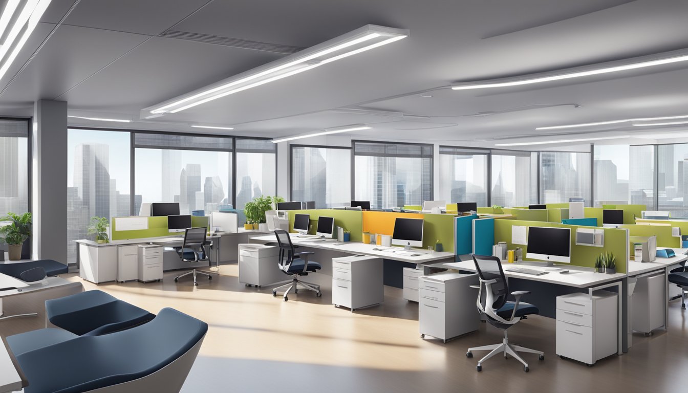 A modern office setting with sleek, ergonomic desks and chairs, integrated technology, and organized storage solutions for efficient workflow
