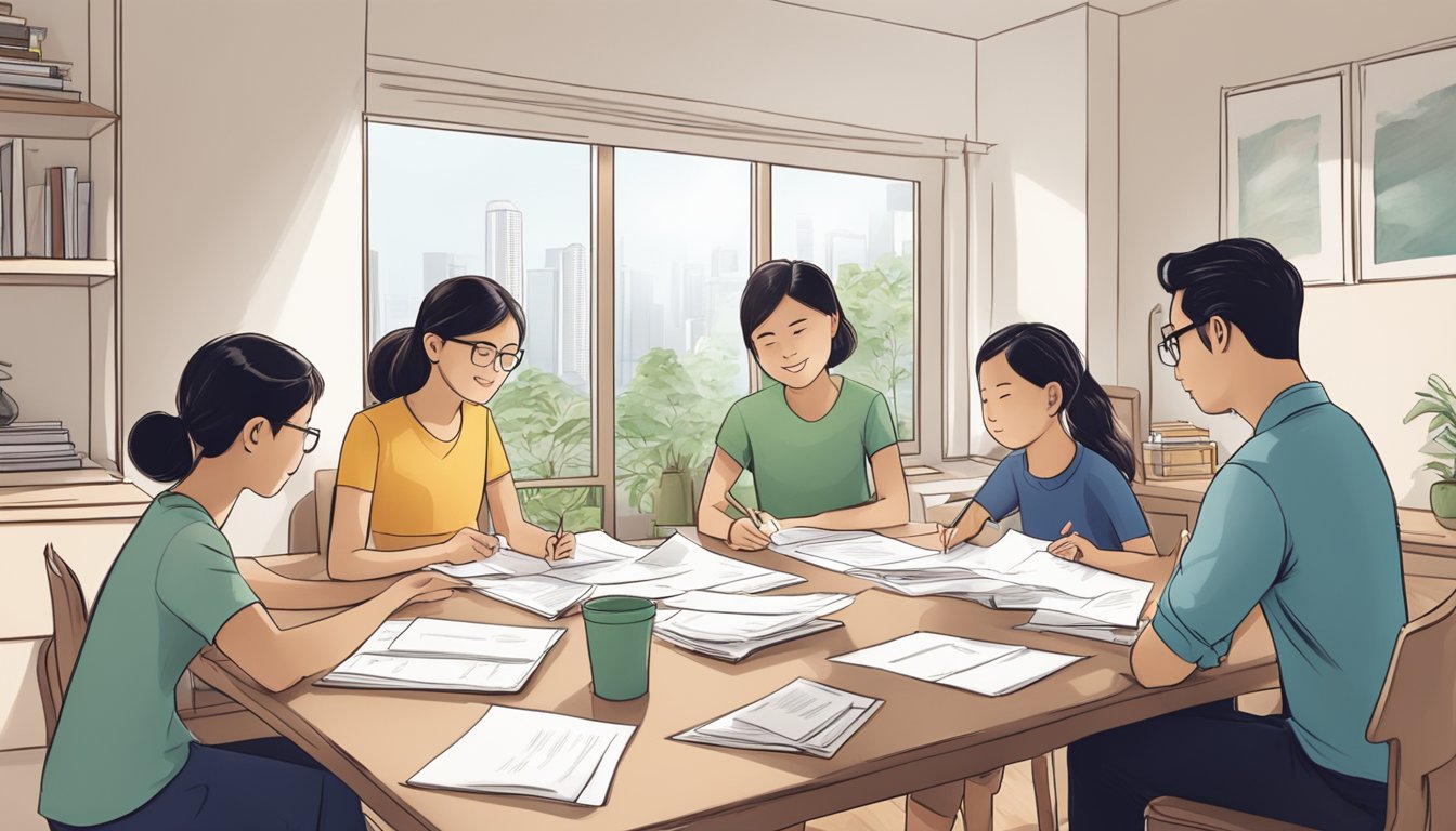 A family sits around a table, discussing the features of the DBS New Home Loan for Private Property in Singapore. The table is cluttered with documents and the room is filled with natural light