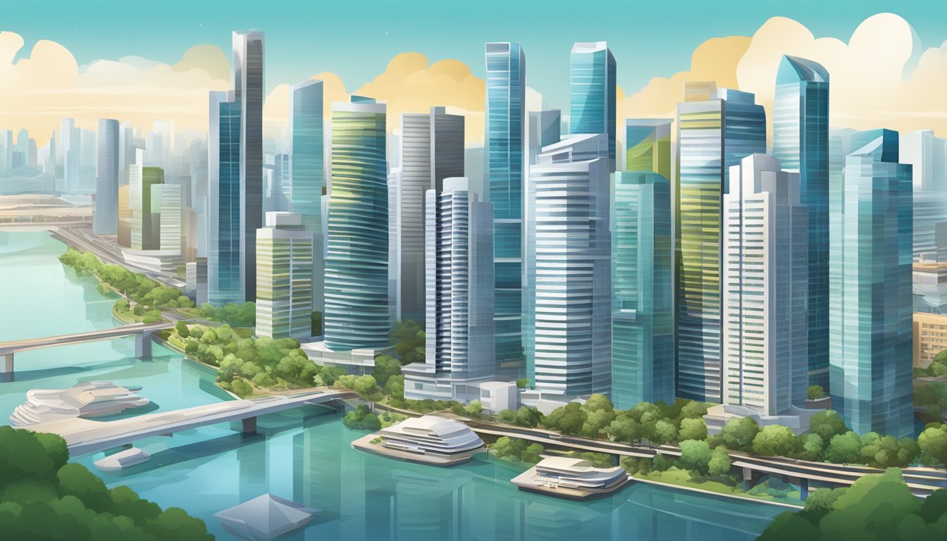 A bustling cityscape with high-rise buildings and modern architecture, showcasing the vibrant real estate market in Singapore