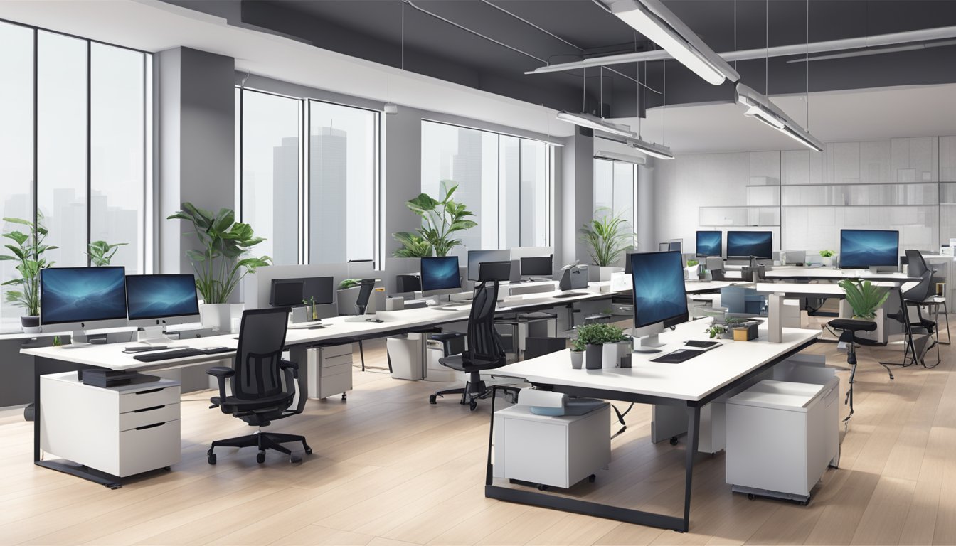 A modern office with sleek, adjustable desks and ergonomic chairs. Various technical furniture pieces are neatly arranged, including monitor stands and cable management systems