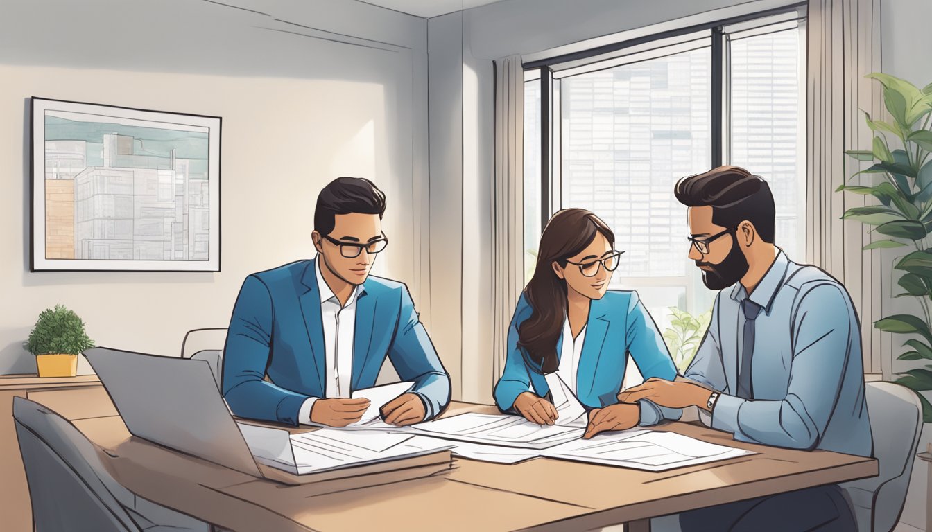 A couple sits at a table with a stack of paperwork, discussing terms with a bank representative. A blueprint of an executive condominium is spread out in front of them, as they review the details of the DBS New Home Loan
