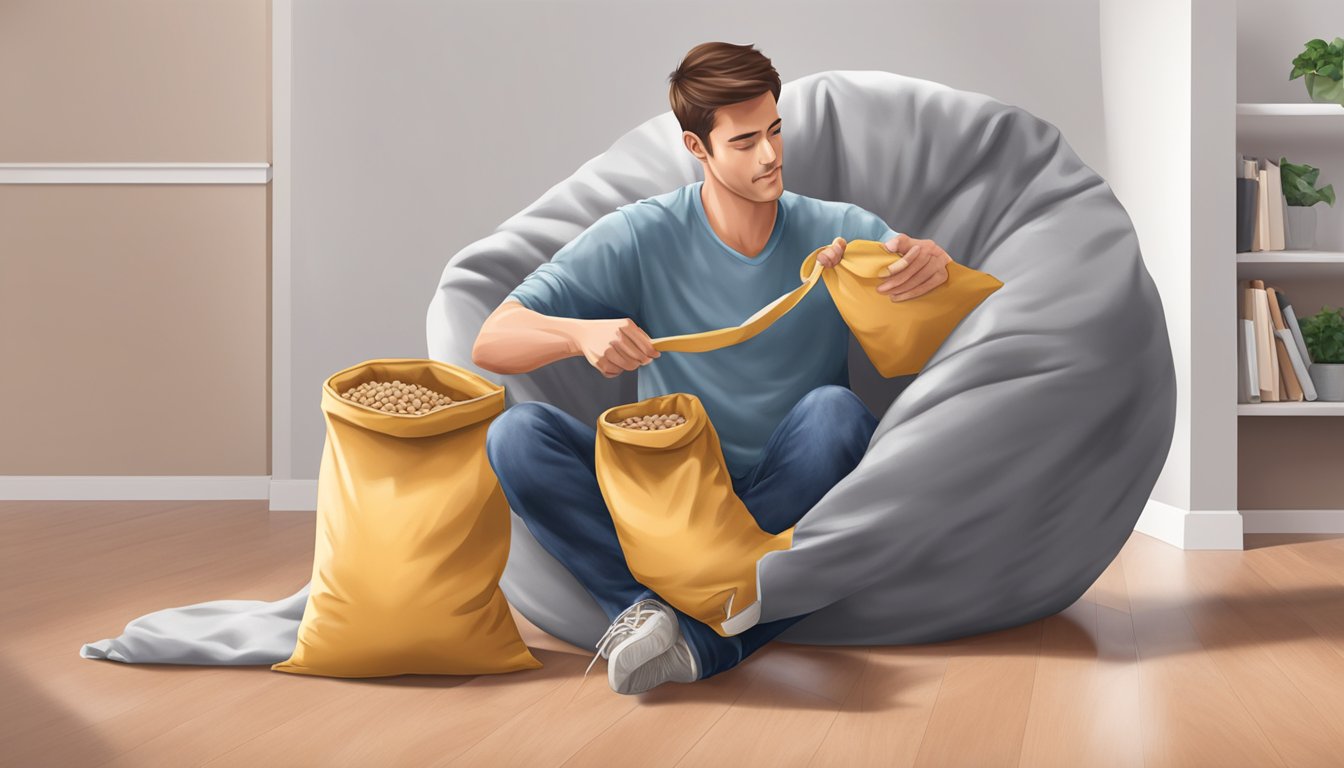 A person holding a bag of bean bag filler, pouring it into an empty bean bag chair, with loose filler spilling around the chair