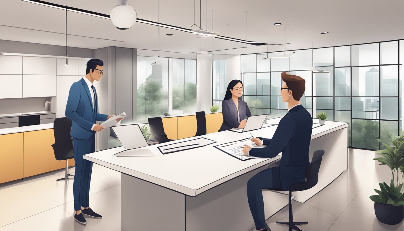 A couple signs documents at a sleek DBS branch, with a banker explaining the benefits of refinancing their private property with a DBS New Home Loan