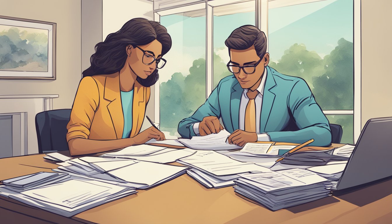 A couple sits at a table, reviewing paperwork for a new home loan. A stack of documents and a calculator are spread out in front of them. The couple appears focused and serious as they discuss fees and subsidies