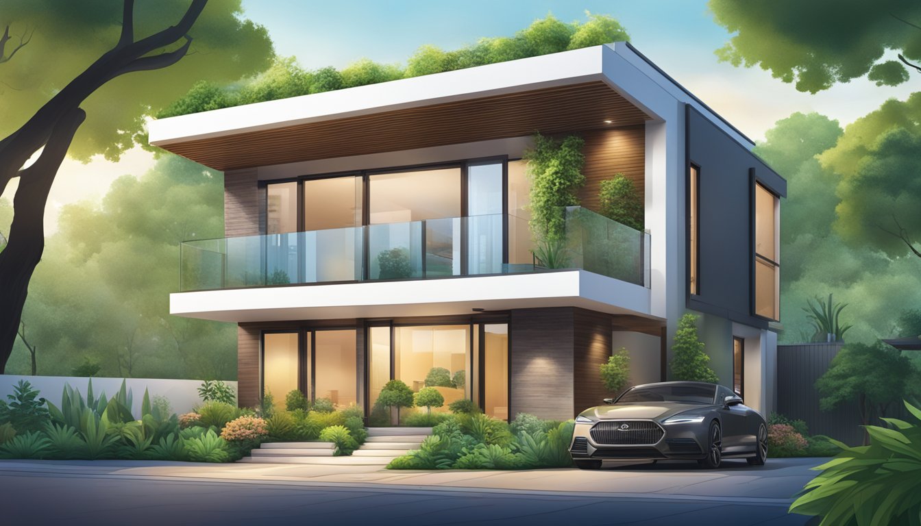 A modern, sleek home with a DBS logo prominently displayed, surrounded by a vibrant cityscape and lush greenery