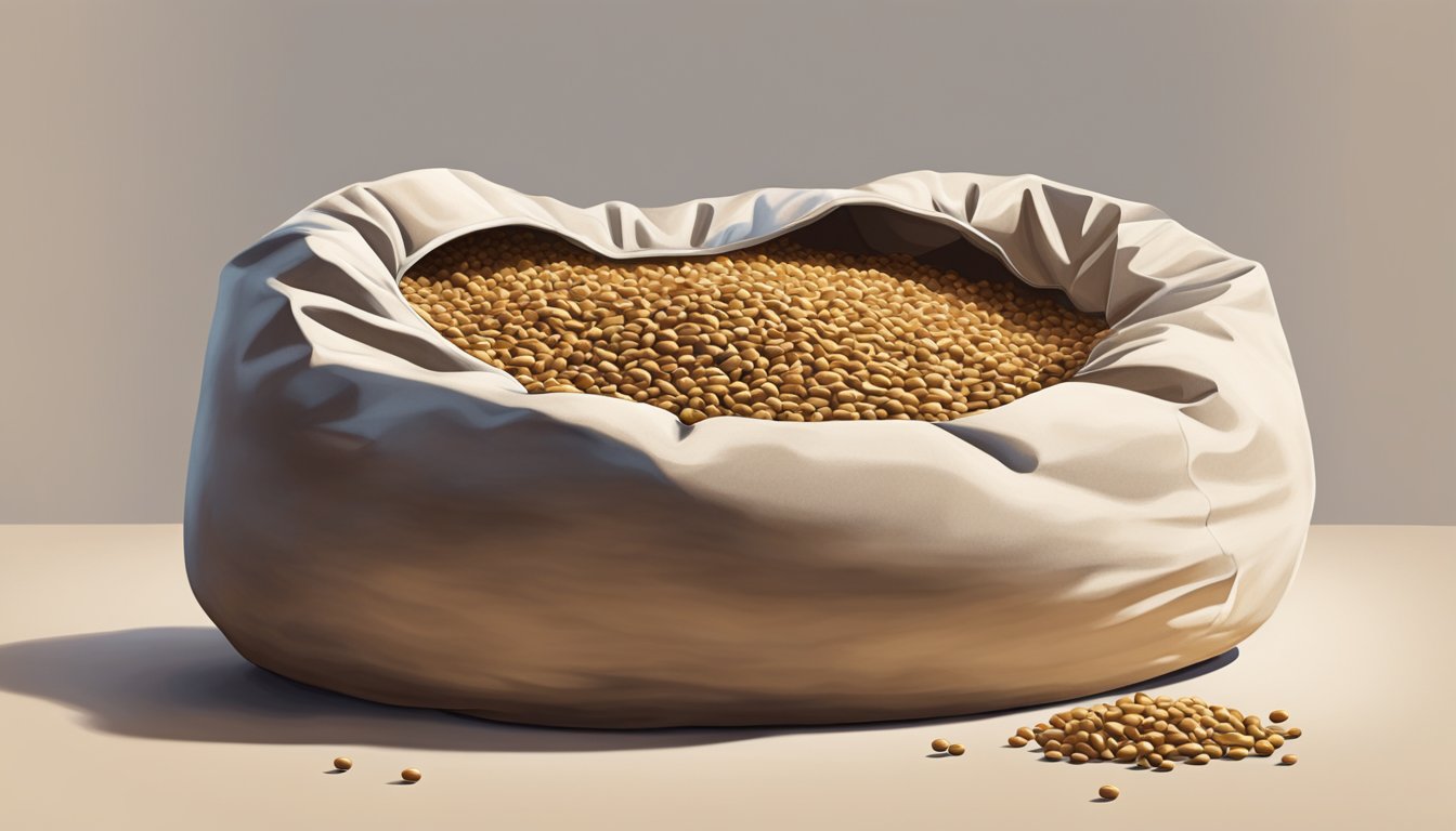 A person pours beans into a large, empty bean bag chair, filling it up to the desired level