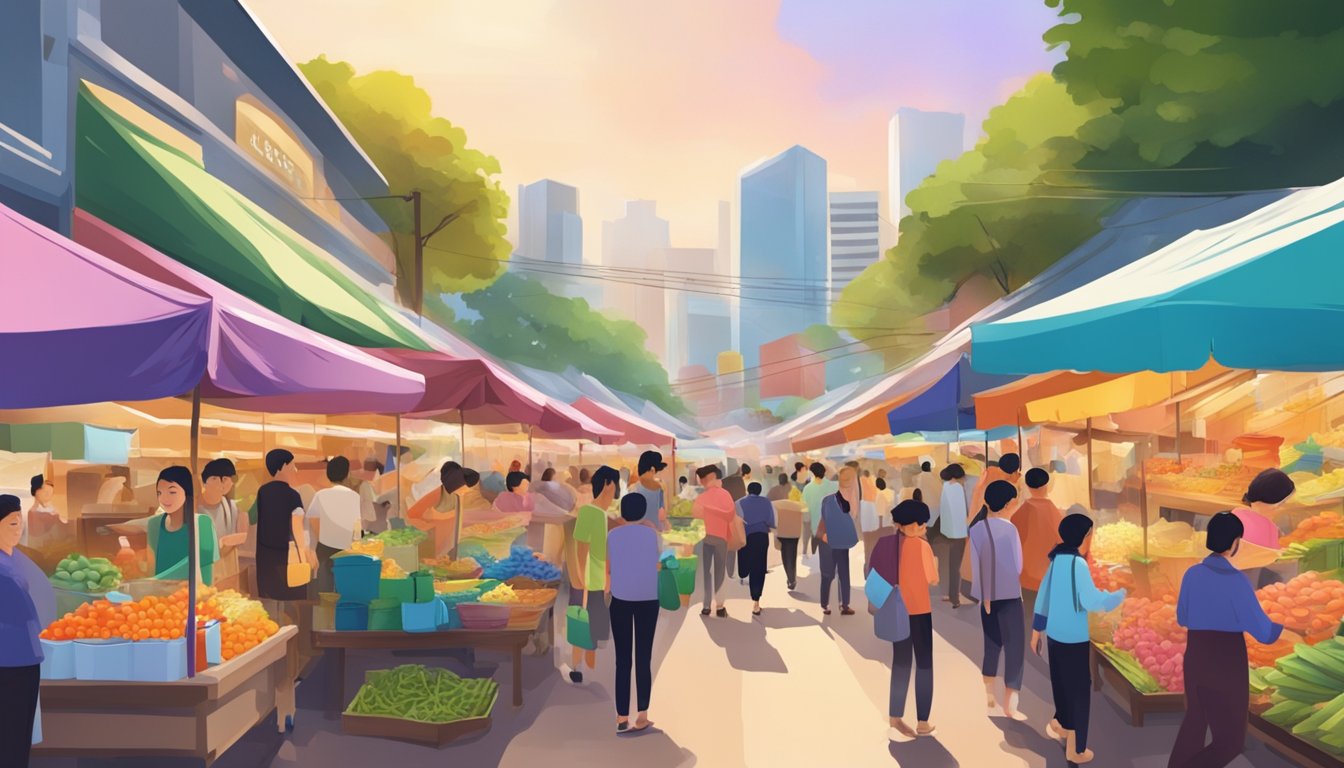 A bustling Singaporean market with colorful stalls and busy shoppers, showcasing the vibrant energy of the city
