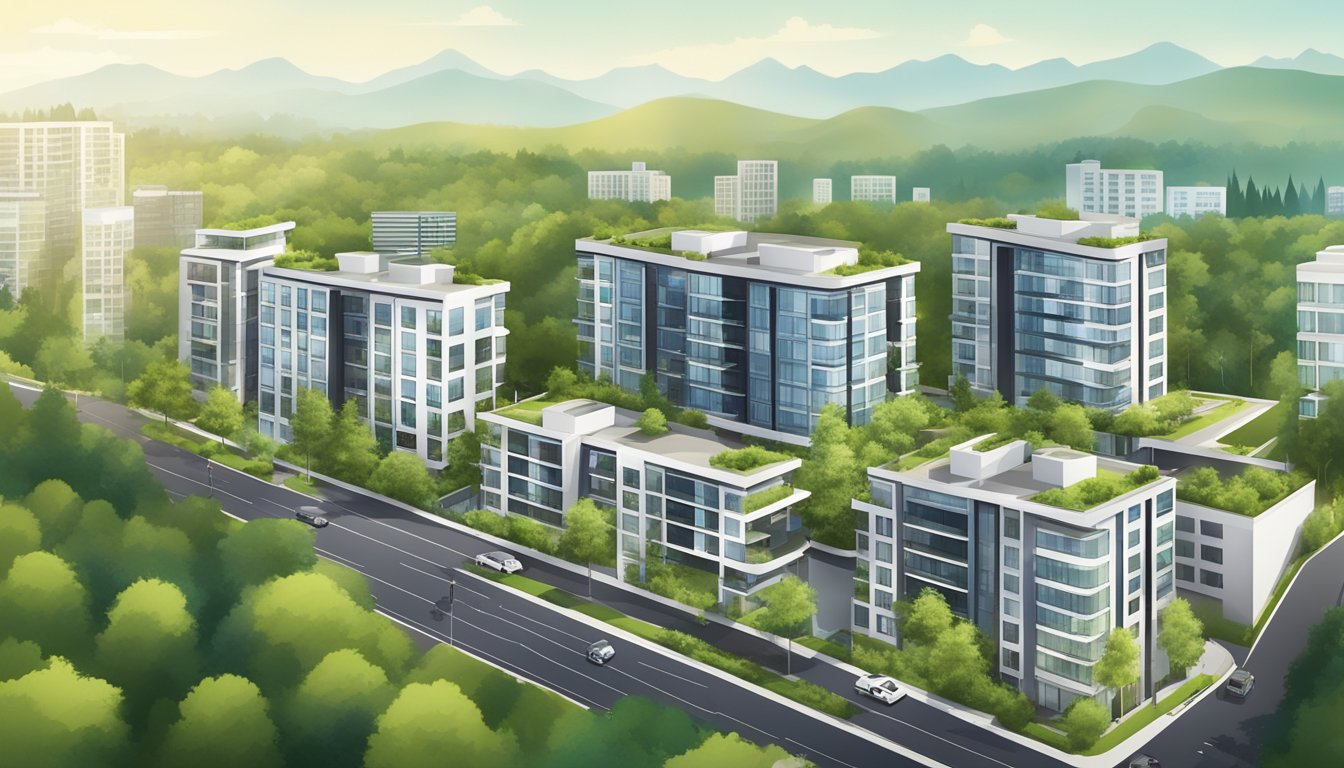 A modern city skyline with a sleek executive condominium building, surrounded by greenery and a sense of community
