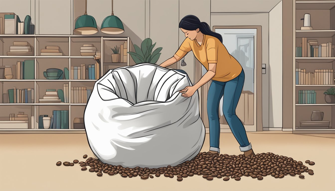 A person pouring beans into a large bean bag chair, using a funnel to guide the beans into the opening