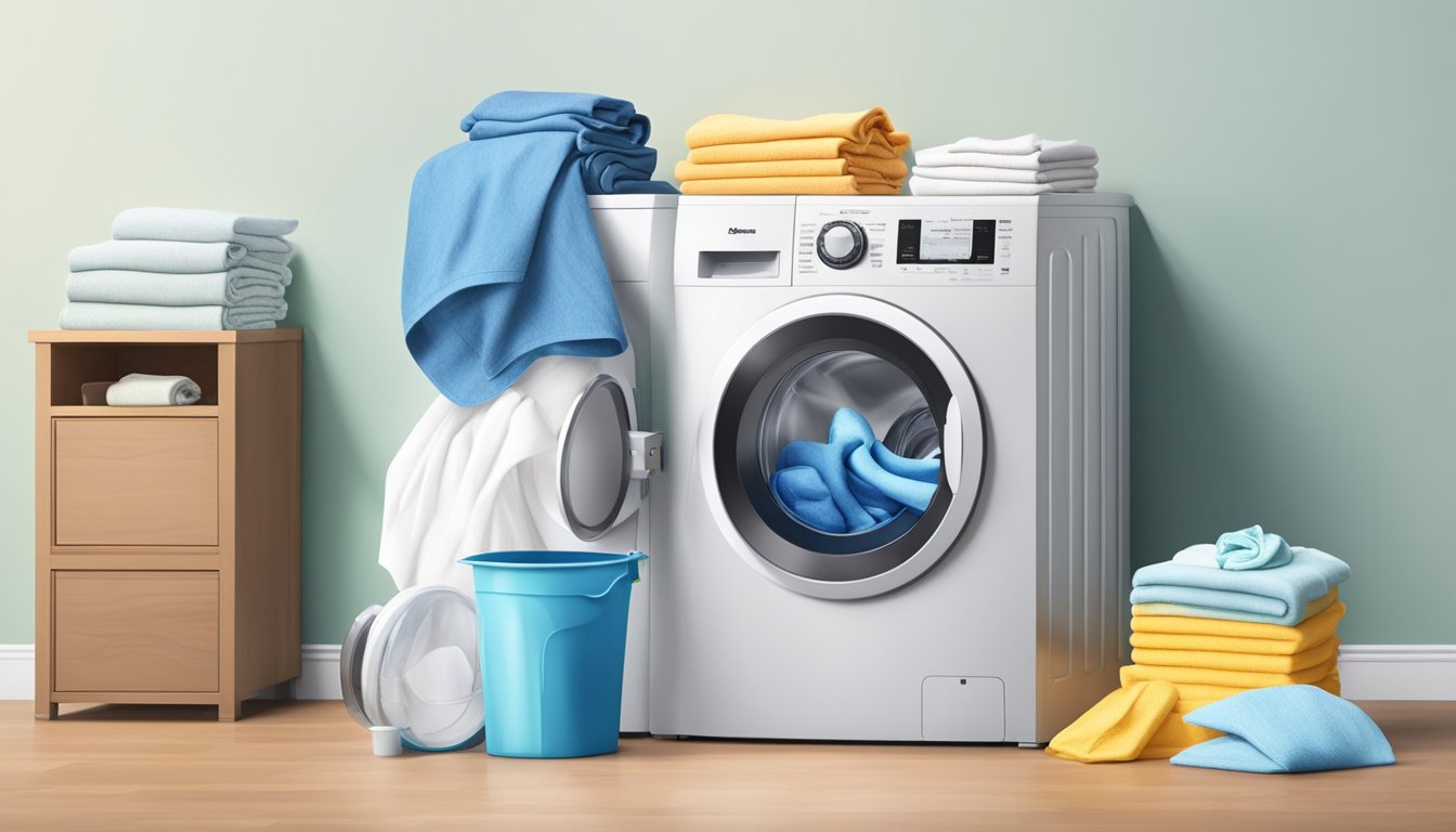 A compact front loader washing machine with a stack of laundry detergent, a basket of clothes, and a water hose nearby