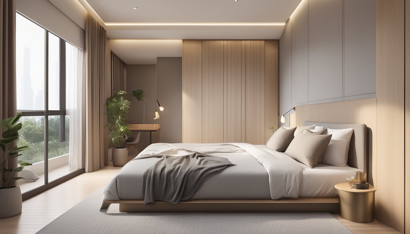 A spacious HDB master bedroom with a large bed, modern furniture, and a cozy reading nook by the window. The room is bathed in natural light, with neutral tones and minimalist decor creating a serene and inviting atmosphere