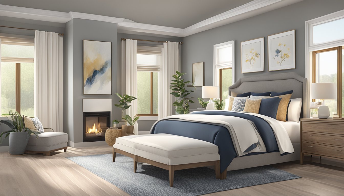 A serene master bedroom with cozy bedding, warm lighting, and personalized decor. A mix of modern and traditional elements creates a tranquil sanctuary