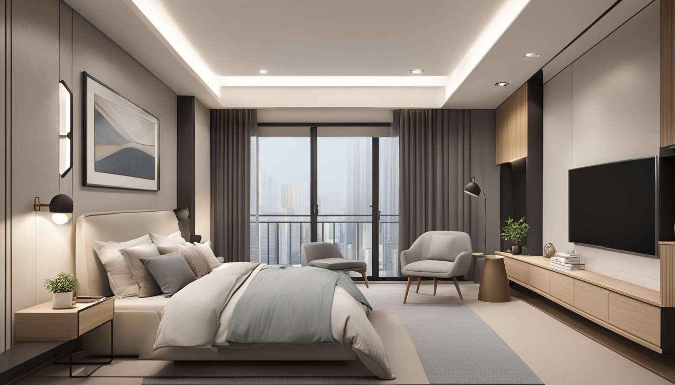 A modern, spacious HDB master bedroom with sleek, minimalist design. Neutral color palette, clean lines, and ample storage solutions