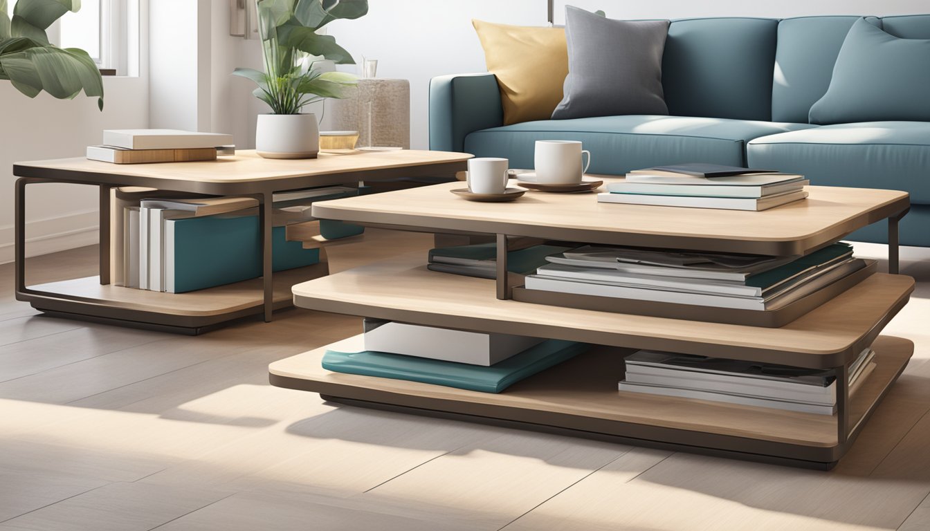 A nesting coffee table with storage, featuring two tables of different sizes stacked neatly on top of each other, with the smaller one fitting perfectly underneath the larger one