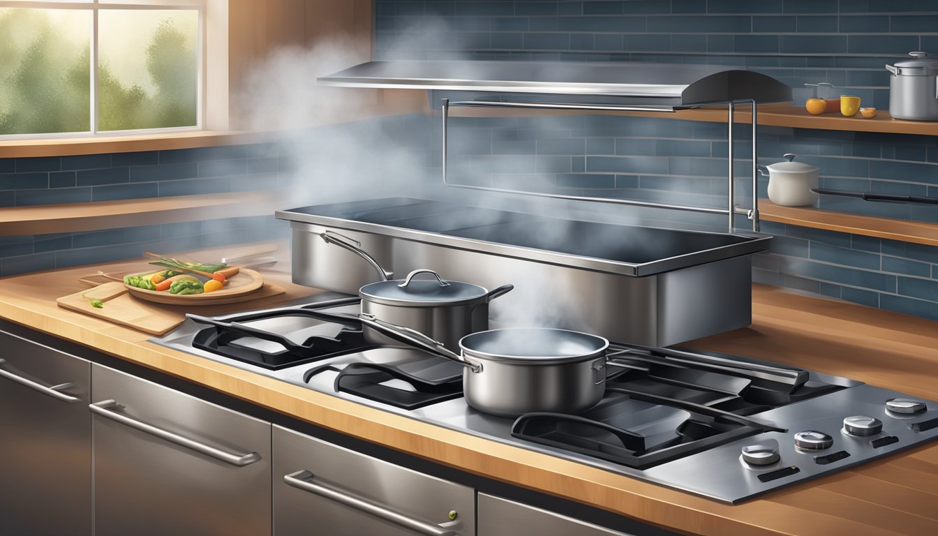 A stainless steel kitchen hood grill with steam rising from a sizzling pan below