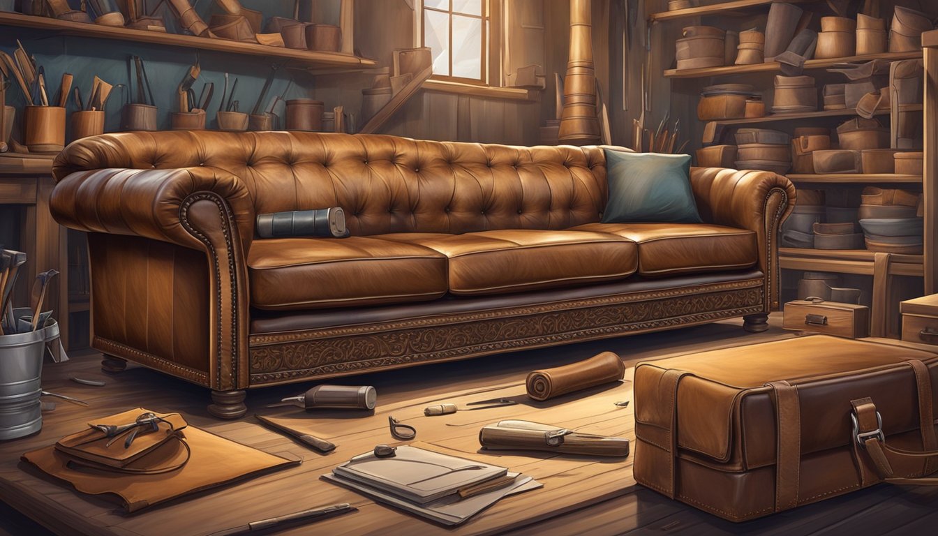 A leather sofa being meticulously crafted by skilled artisans in a workshop, with tools and rolls of full grain leather surrounding the work area