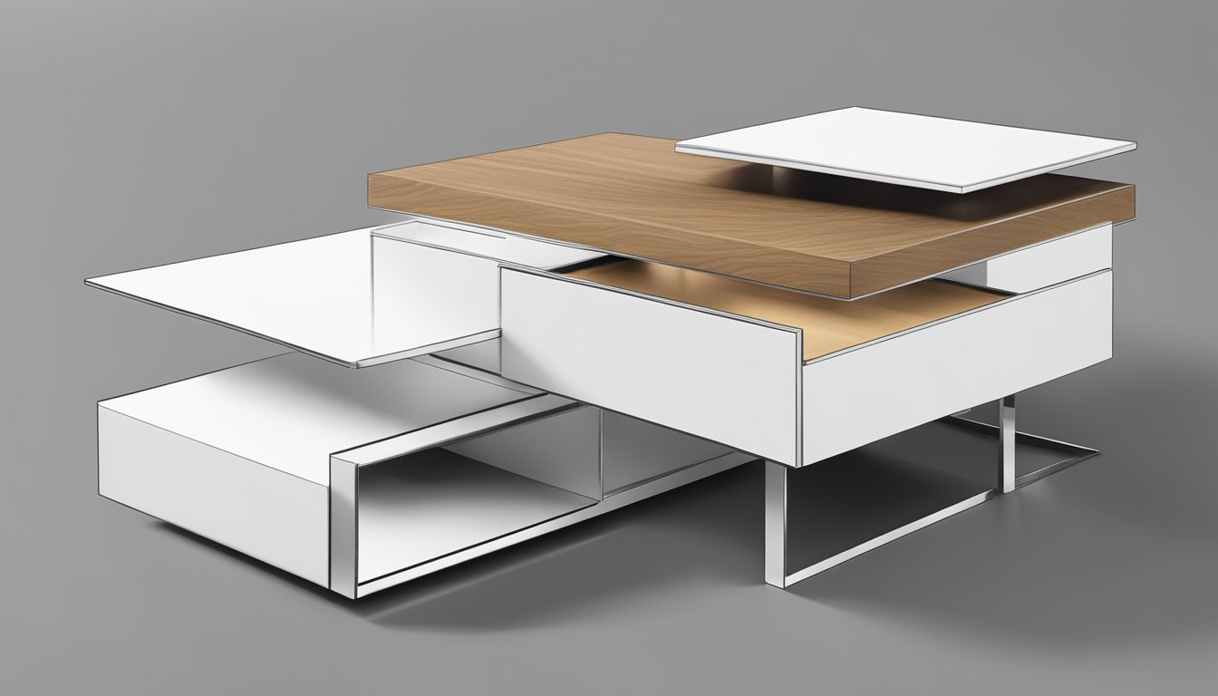 A sleek, modern nesting coffee table with hidden storage compartments. Clean lines, minimalist design, and a mix of materials like wood and metal