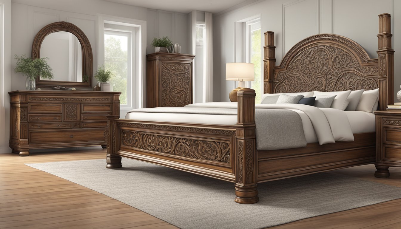 A wooden bed table with intricate carvings and smooth finishes, showcasing the craftsmanship and attention to detail in its design