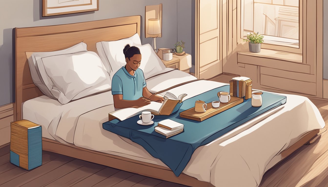 A person purchases a wooden bed table and sets it up in their bedroom, placing a book and a cup of tea on top. They then clean and polish the table, taking care of it for long-term use