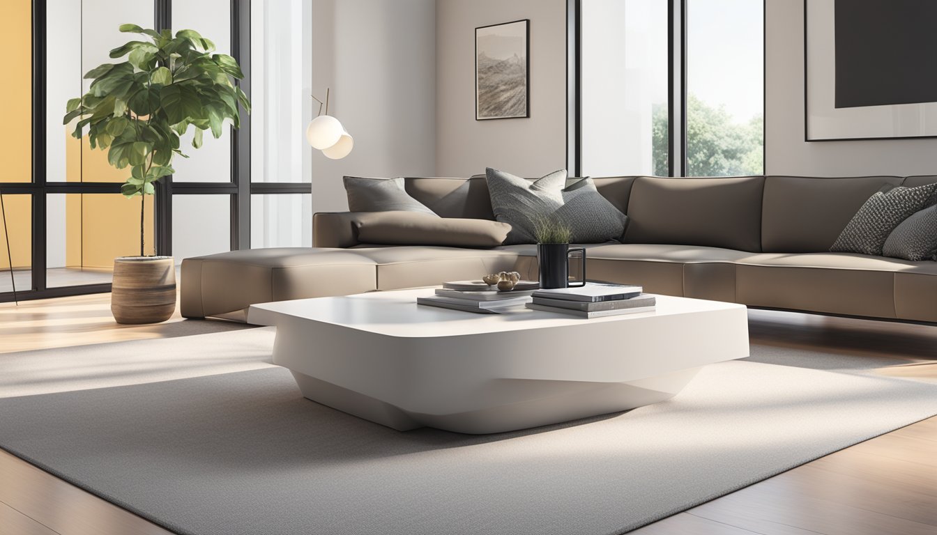 A sleek coffee table with clean lines and minimalistic design sits in a well-lit room, surrounded by modern decor